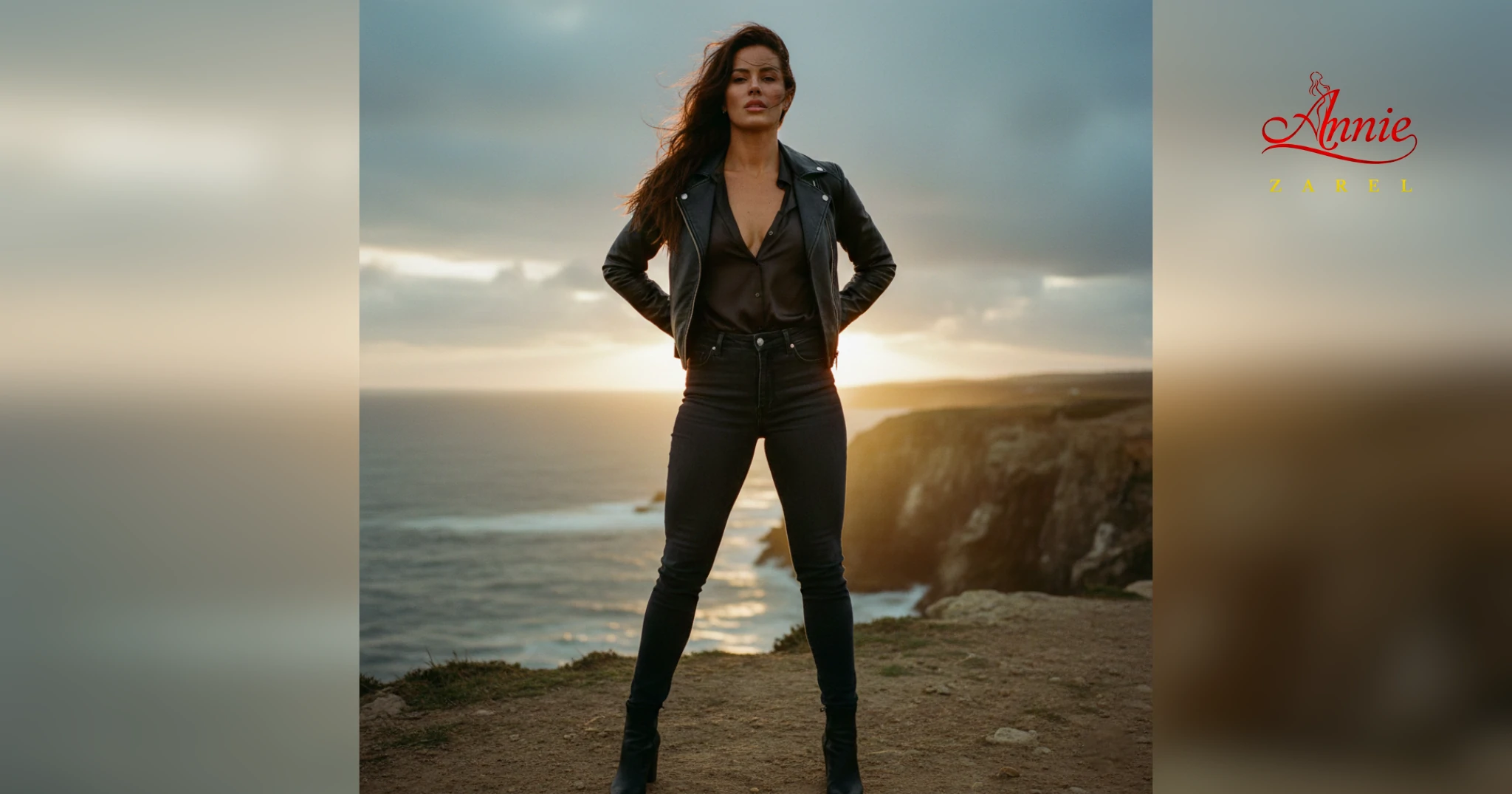 Portada realista de Salvaje | Capítulo 1 de Sylvia Day, mujer adulta fuerte y sensual en un acantilado al atardecer con chaqueta de cuero, ambiente dramático y romántico contemporáneo.