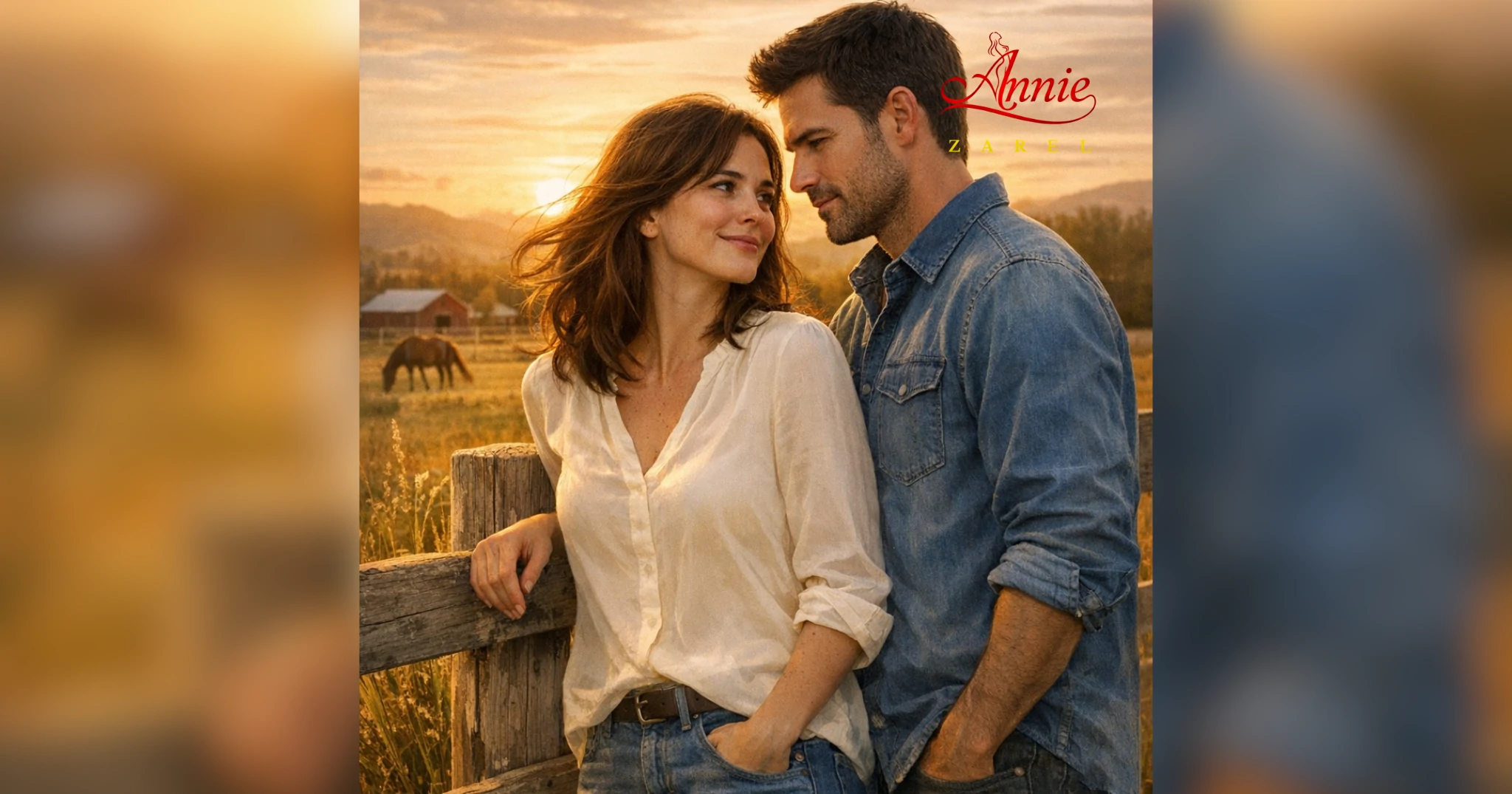 Portada del libro Pequeñas Cosas | Capítulo 5: una pareja de unos 30 años en un rancho durante el atardecer. Diana, con cabello castaño y blusa clara, sonríe con ternura mientras Ethan la observa con mirada intensa en un paisaje rural de colinas y campos verdes.