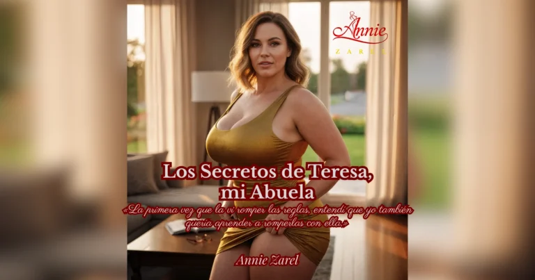 Portada oficial de la historia Los secretos de Teresa, mi abuela, retrato realista de mujer madura de 58 años, voluptuosa y segura, en su sala de estar al atardecer con vista al jardín.