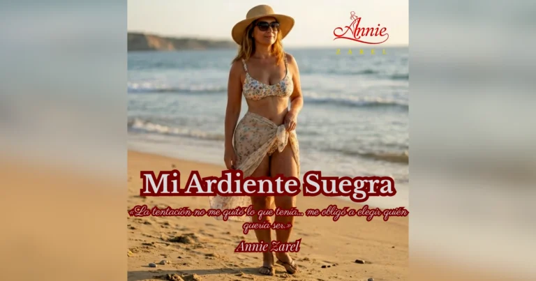 Portada de la historia Mi Ardiente Suegra. Mujer madura caminando por la orilla de la playa en un día soleado al atardecer. Lleva un bikini floreado de dos piezas con pareo ligero, sandalias de playa, sombrero de ala ancha y gafas de sol. Su figura es curvilínea, con caderas amplias, y su cabello rubio oscuro llega hasta los hombros. El mar y la arena iluminados por la luz cálida del atardecer crean un ambiente veraniego y relajado.