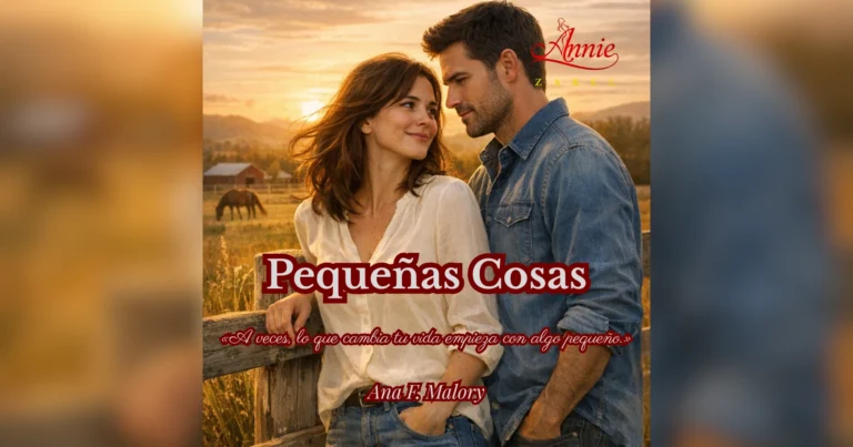 Portada del libro Pequeñas Cosas: una pareja de unos 30 años en un rancho durante el atardecer. Diana, con cabello castaño y blusa clara, sonríe con ternura mientras Ethan la observa con mirada intensa en un paisaje rural de colinas y campos verdes.