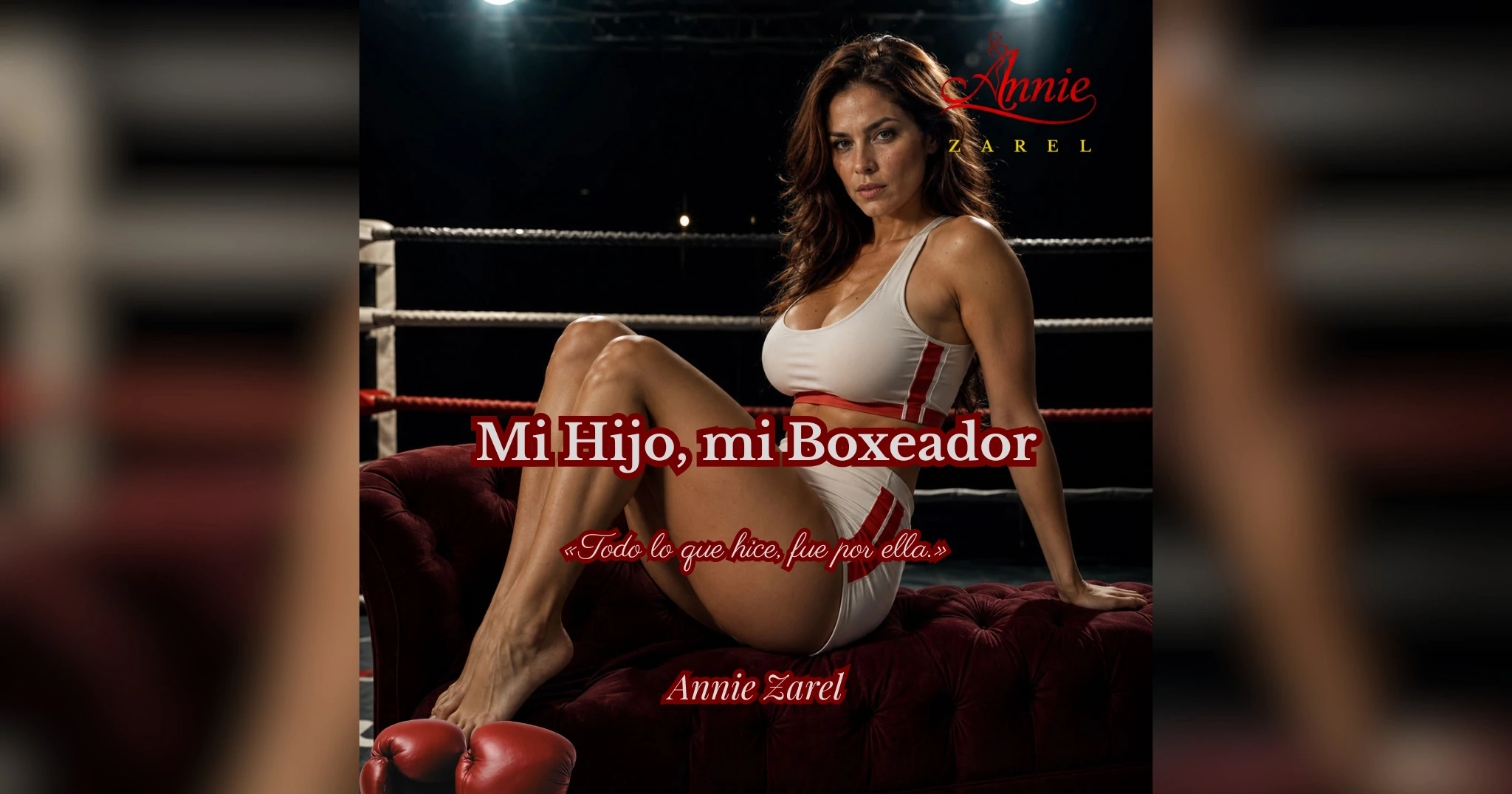 Portada de Mi Hijo, mi Boxeador: Laura, mujer de 36 años con uniforme de porrista rojo y blanco, sentada en un diván dentro de un ring de boxeo iluminado, mirando fijamente a la cámara con expresión seria y pensativa.
