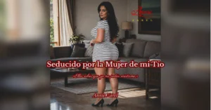 Patricia, mujer adulta de 39 años, con vestido blanco y negro, posando de forma seductora en la sala de su casa para la portada de la novela erótica Seducido por la Mujer de mi Tío.